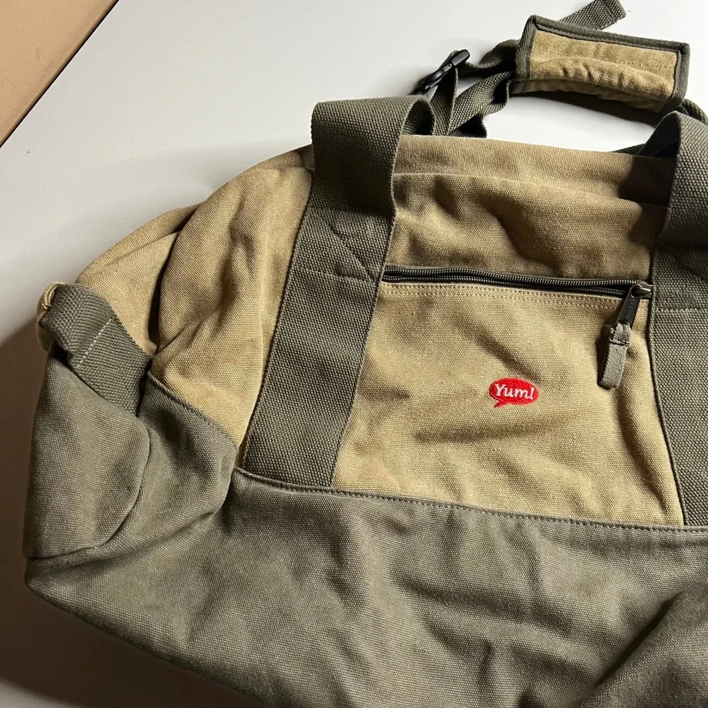 LL Bean Canvas Duffle Bag Khaki Olive Green World Hunger Relief Yum Logo Travel